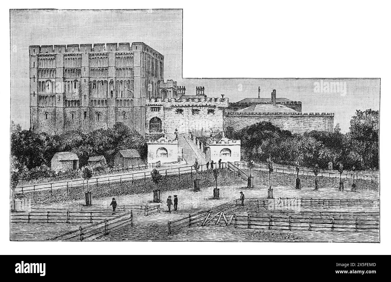 Norwich Castle as it would have appeared in the 19th century. Black and White Illustration from Our Own Country Vol III published by Cassell, Petter, Galpin & Co. in the late 19th century. Stock Photo