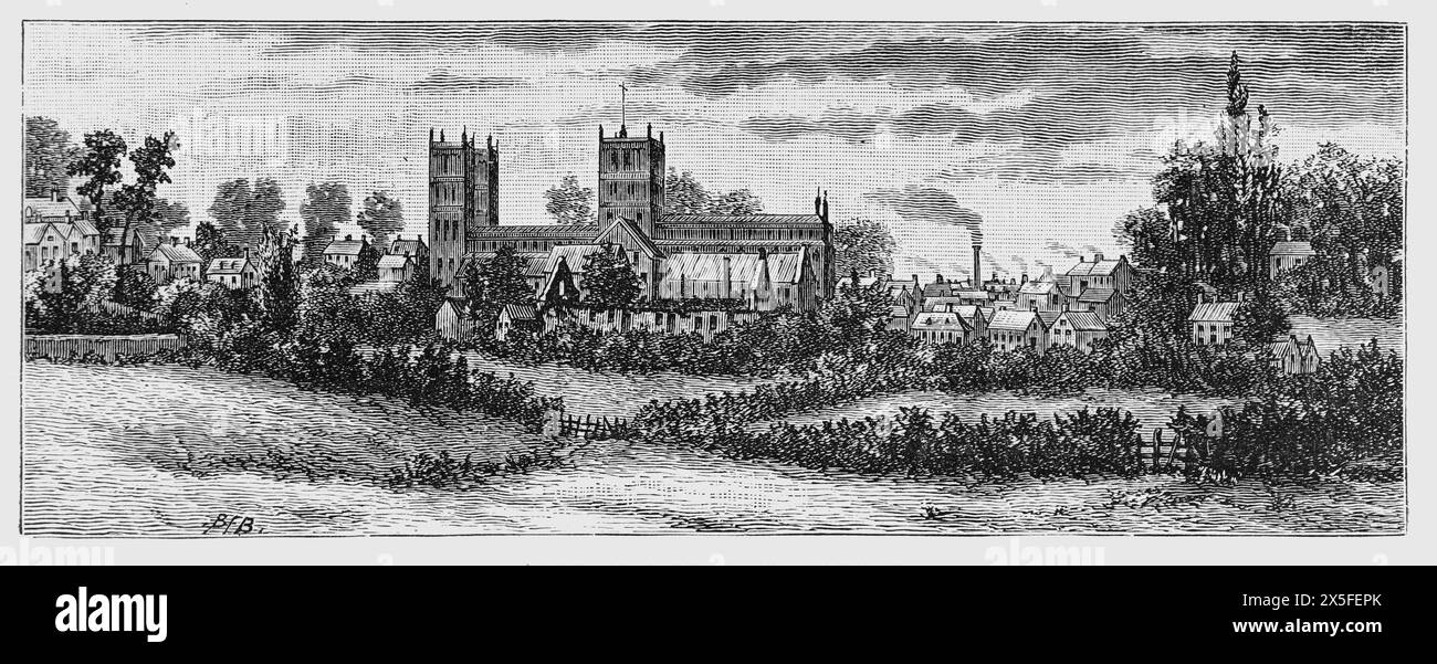 General view of Southwell Minster in the 19th century. Black and White Illustration from Our Own Country Vol III published by Cassell, Petter, Galpin & Co. in the late 19th century. Stock Photo