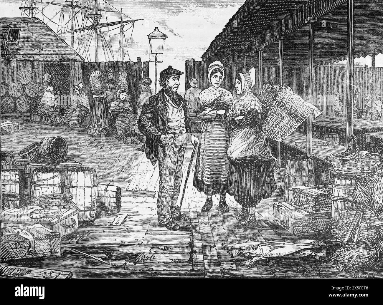 The Fish Market in Aberdeen in the 19th century. Black and White Illustration from Our Own Country Vol III published by Cassell, Petter, Galpin & Co. in the late 19th century. Stock Photo
