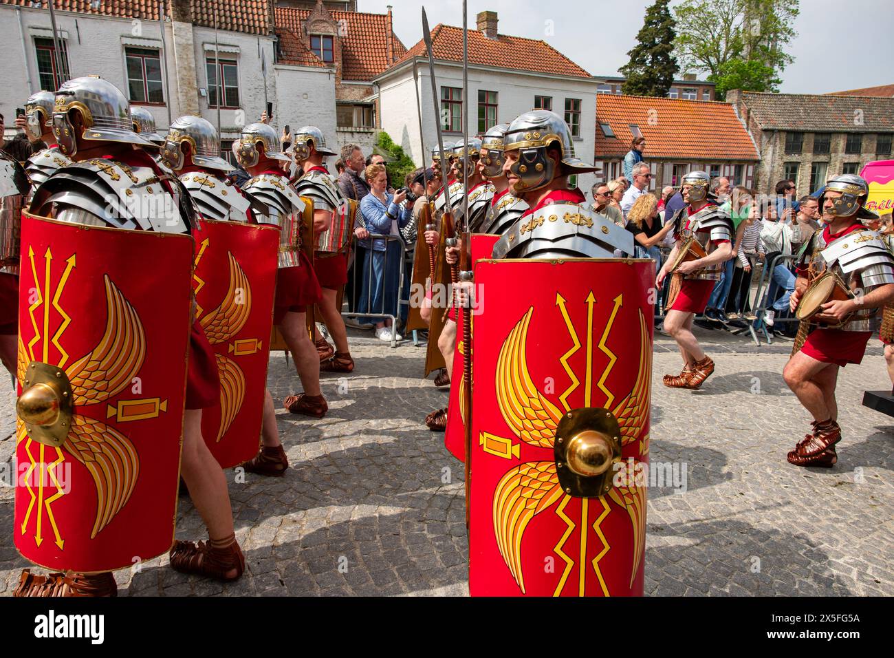 Brugge, Belgium. 09th May, 2024. volunteers are dressed up as Roman soldiers are seen during the Holy Blood Procession (Heilige Bloedprocessie - Procession Saint-Sang) event, on Thursday 09 May 2024 in Brugge. During the procession, the relic of the Holy blood is carried from the Holy blood basilica to the Holy Saviour cathedral through the city center of Bruges. BELGA PHOTO KURT DESPLENTER Credit: Belga News Agency/Alamy Live News Stock Photo