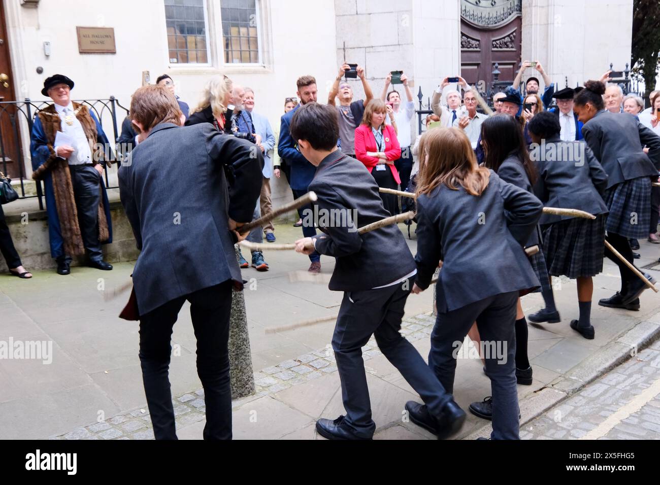 London, UK. 9th May 2024. Beating the Bounds, All Hallows Church, the Beating Party with students from St Dunstan's College, Catford. Credit: Matthew Chattle/Alamy Live New Stock Photo