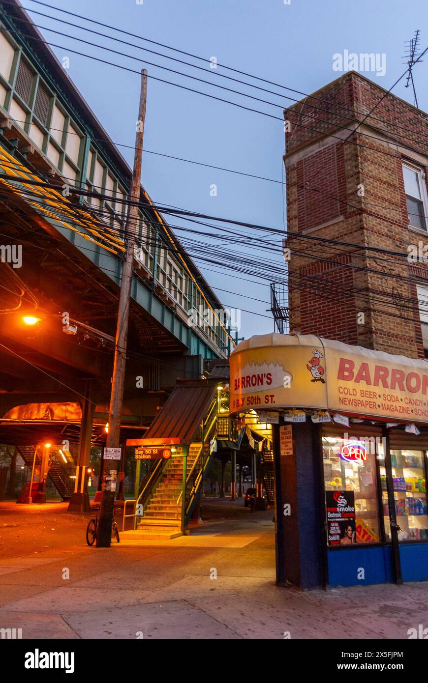 New York City, NY, USA, Retro Grocery Store Fronts, Street Scenes in Brooklyn, Gravesend Neighborhood, Subway Overpass, Night Stock Photo