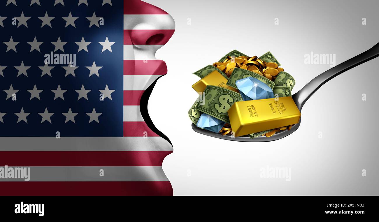 US Debt And Consumerism and American consumer spending crisis or United States government deficit and national budget debt as excessive consumption na Stock Photo