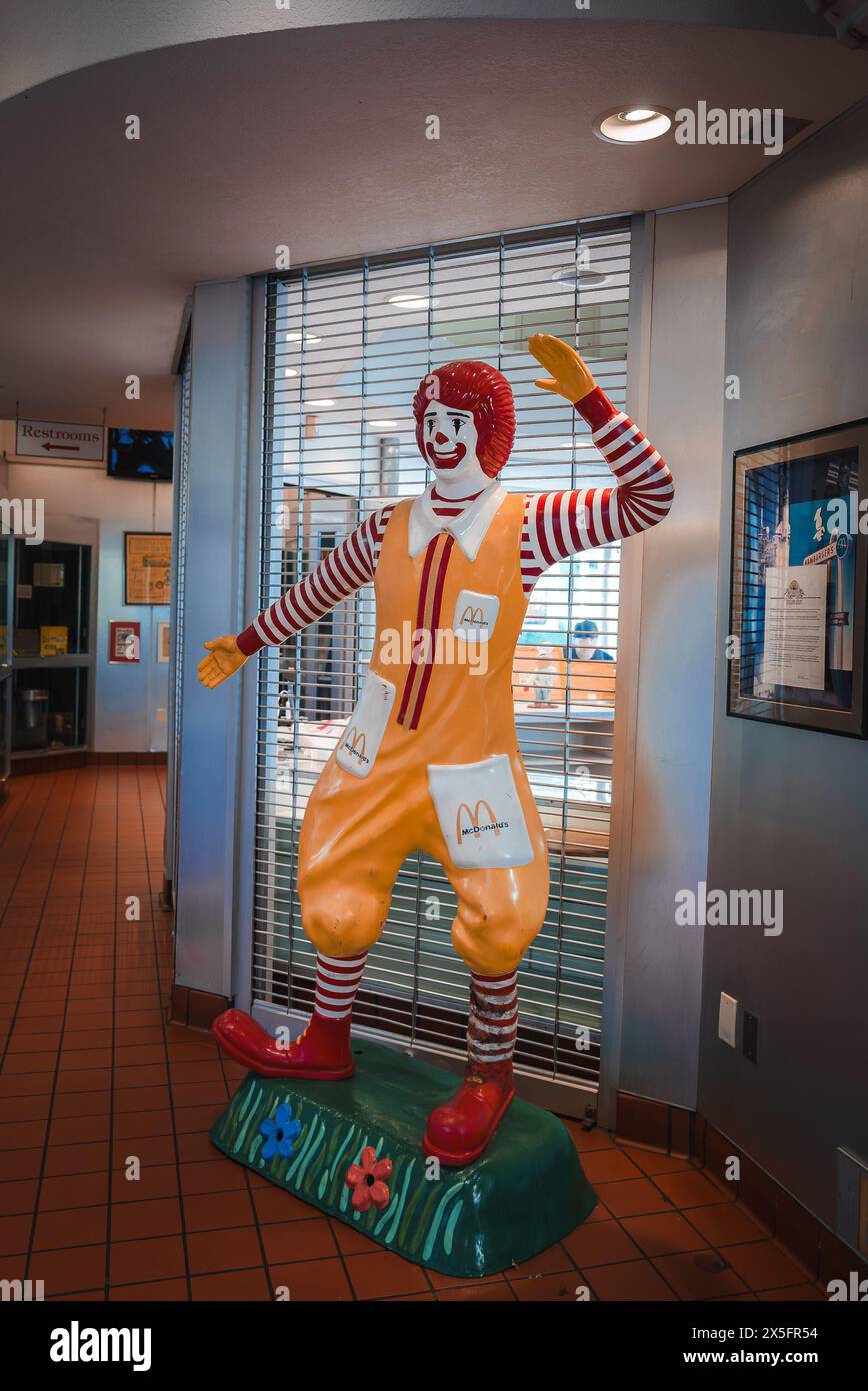 Life Size Ronald McDonald Statue in Indoor Setting, Los Angeles Stock Photo