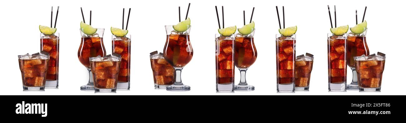 Set of cola cocktails with decoration from citrus lime and colorful straw isolated on white background. Stock Photo