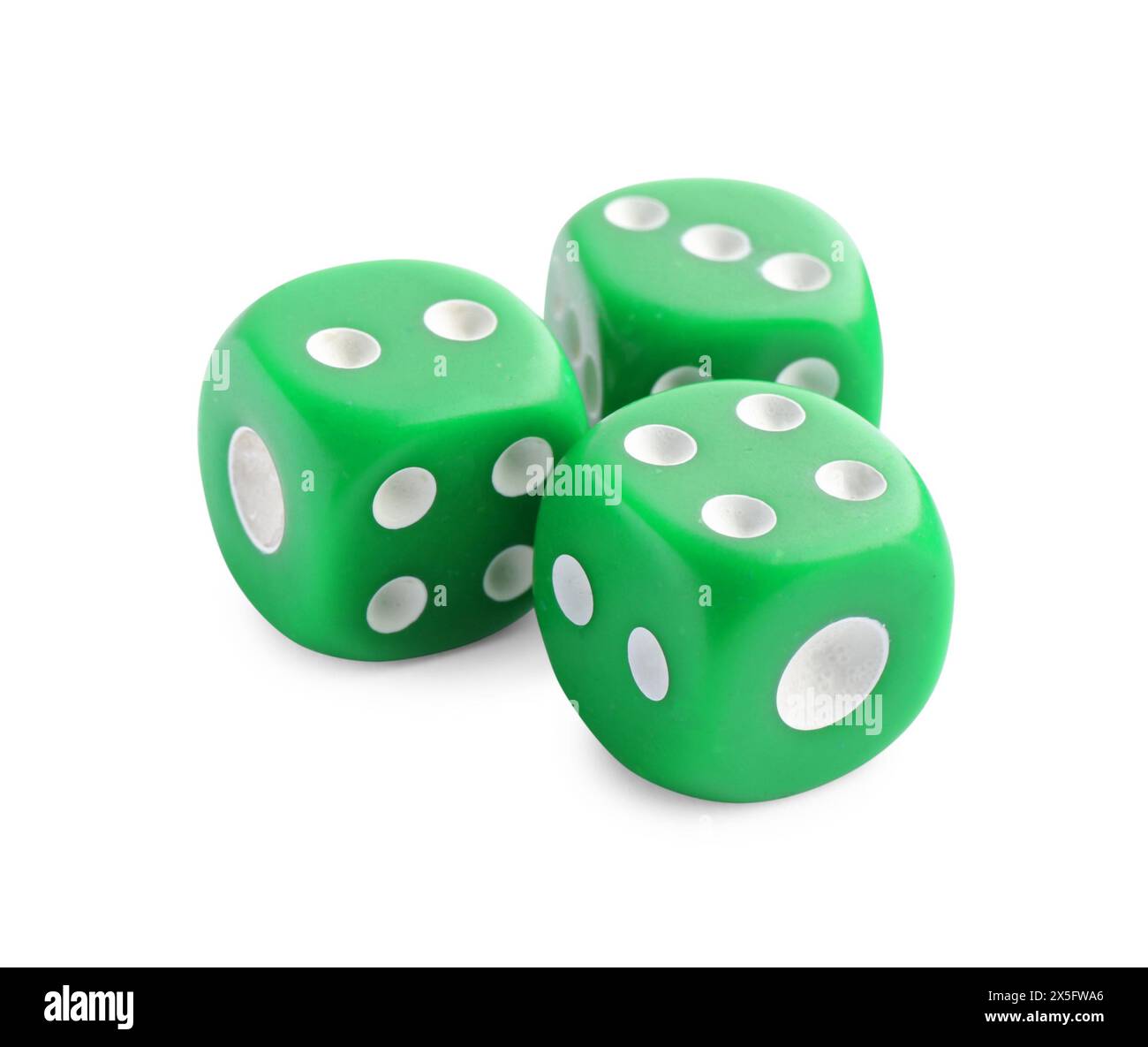 Three green game dices isolated on white Stock Photo