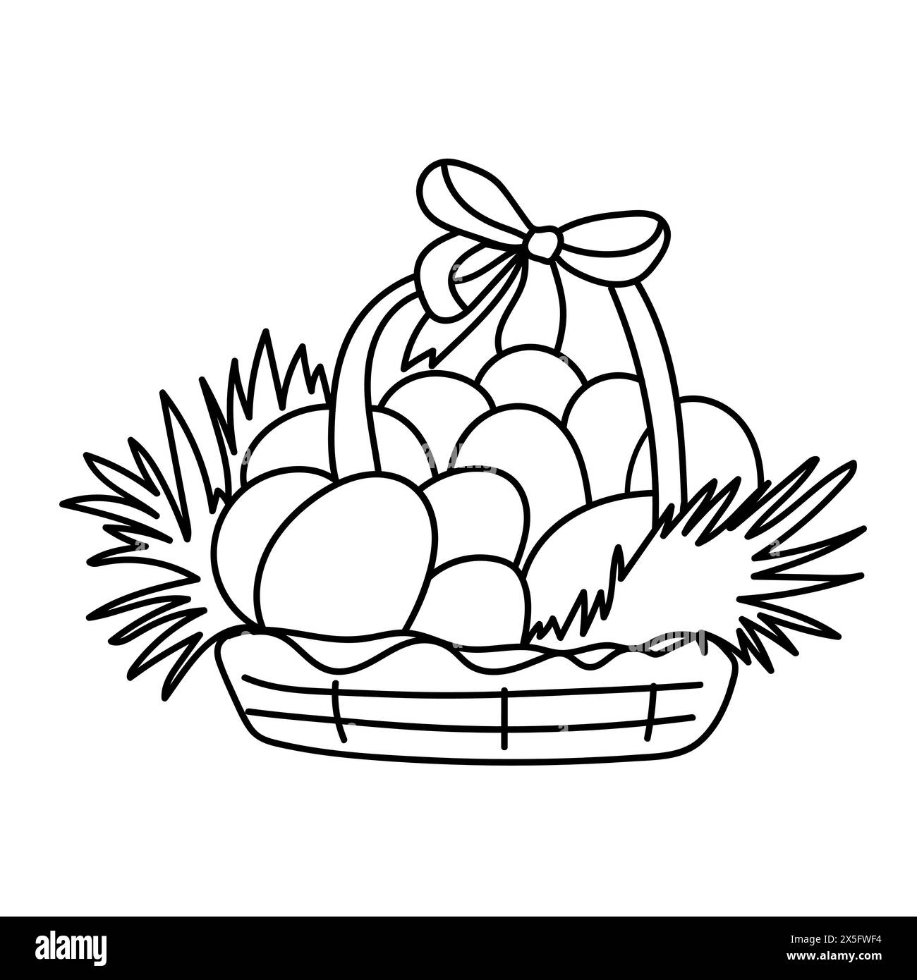 Basket with eggs line drawing. Doodle vector illustration. Stock Vector