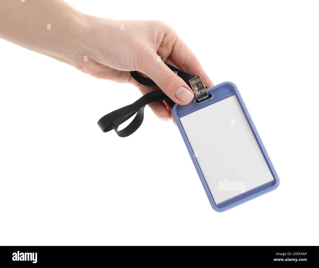 Woman holding blank badge with string on white background Stock Photo ...