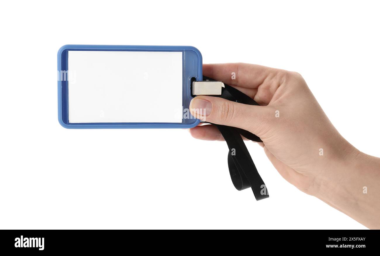 Woman holding blank badge with string on white background Stock Photo ...