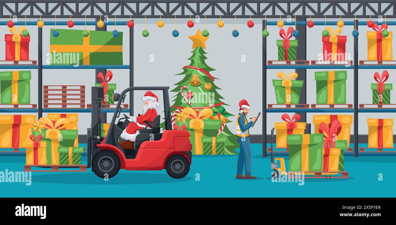 Warehouse with racks with gift boxes. Santa Claus driving a forklift. Worker doing inventory. Christmas campaign for cargo logistics and shipping of h Stock Vector