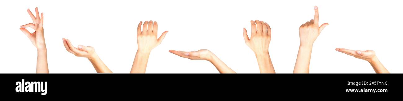 Set of woman hands showing different gestures, pointing and showing signs isolated on white background Stock Photo