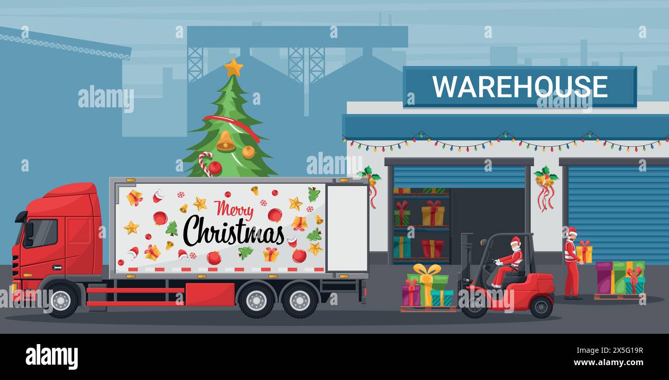 Exterior of a warehouse decorated with christmas lights. Santa Claus ...