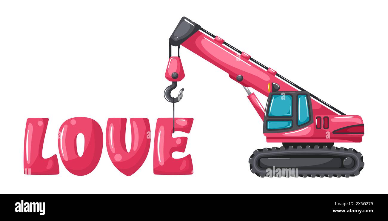 Telescopic crawler crane or chain crane cartoon pink color lifting letters of the word love for Valentine's Day. Heavy machinery used in the construct Stock Photo