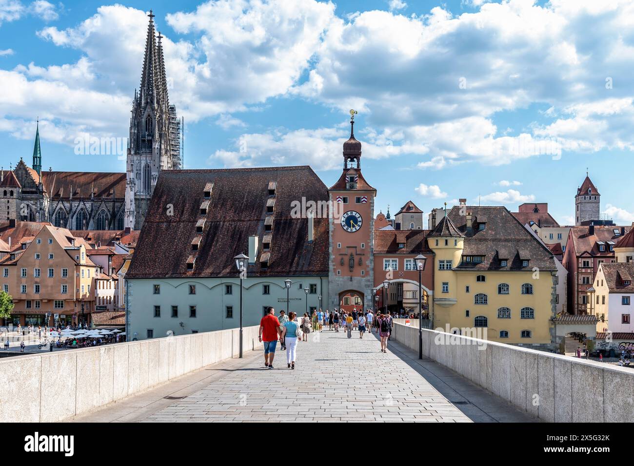 View of Regensburg,Germany From the Historic Stone Bridge on a Sunny Afternoon Stock Photo