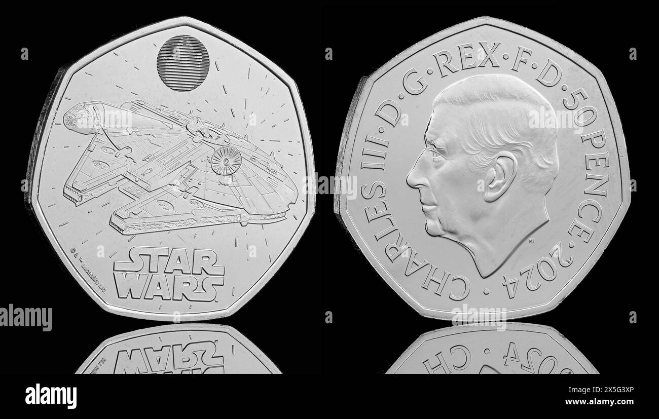 One of the Star Wars 50p 2024 series featuring the Millennium Falcon on the reverse. The obverse shows King Charles III portrait by Martin Jennings Stock Photo