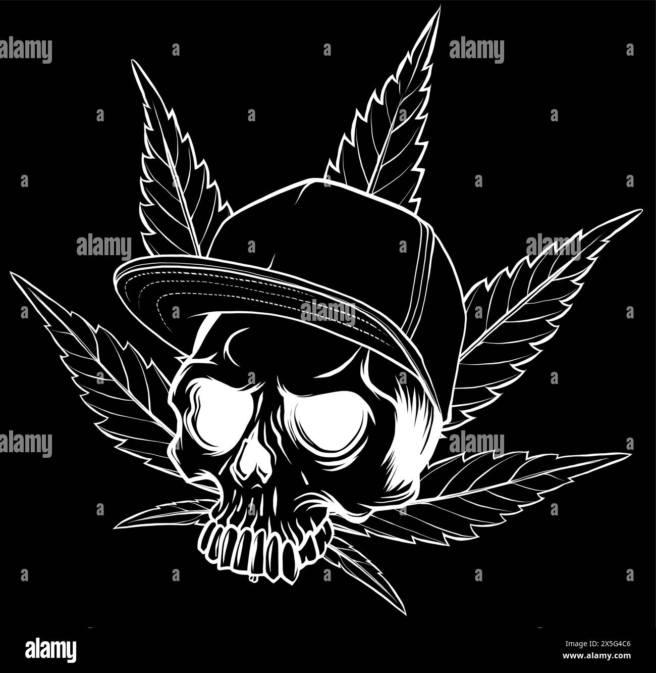 white silhouette of head skull with leaves marijuana and hat vector illustration design Stock Vector