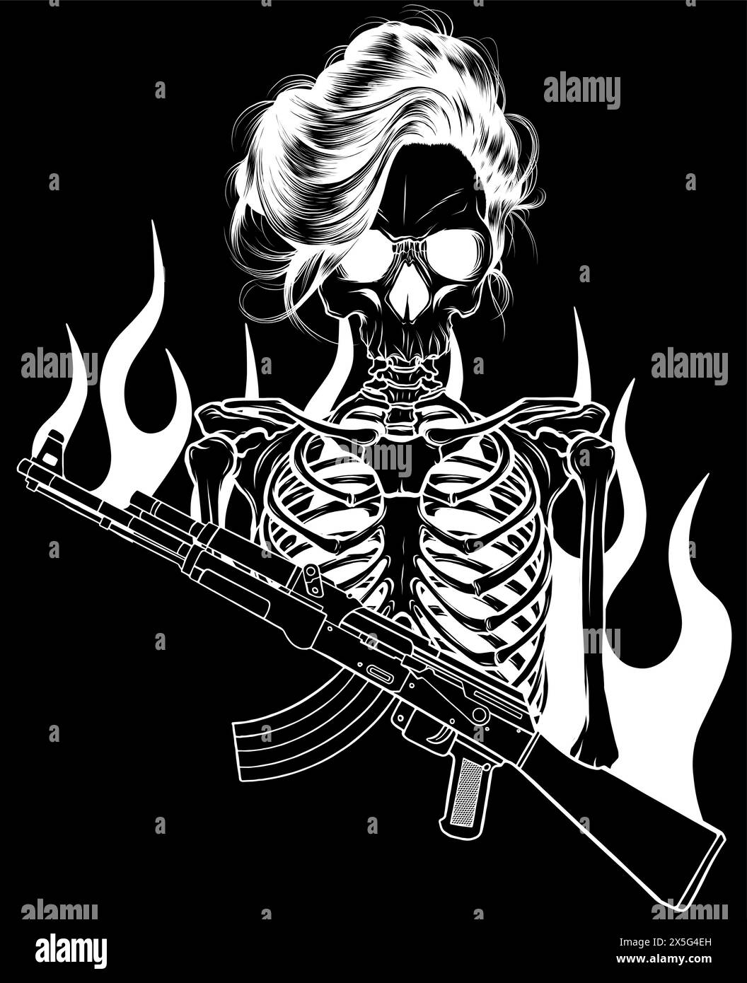 white silhouette of woman Skeleton holding assault rifle with flames vector illustration design on black background Stock Vector