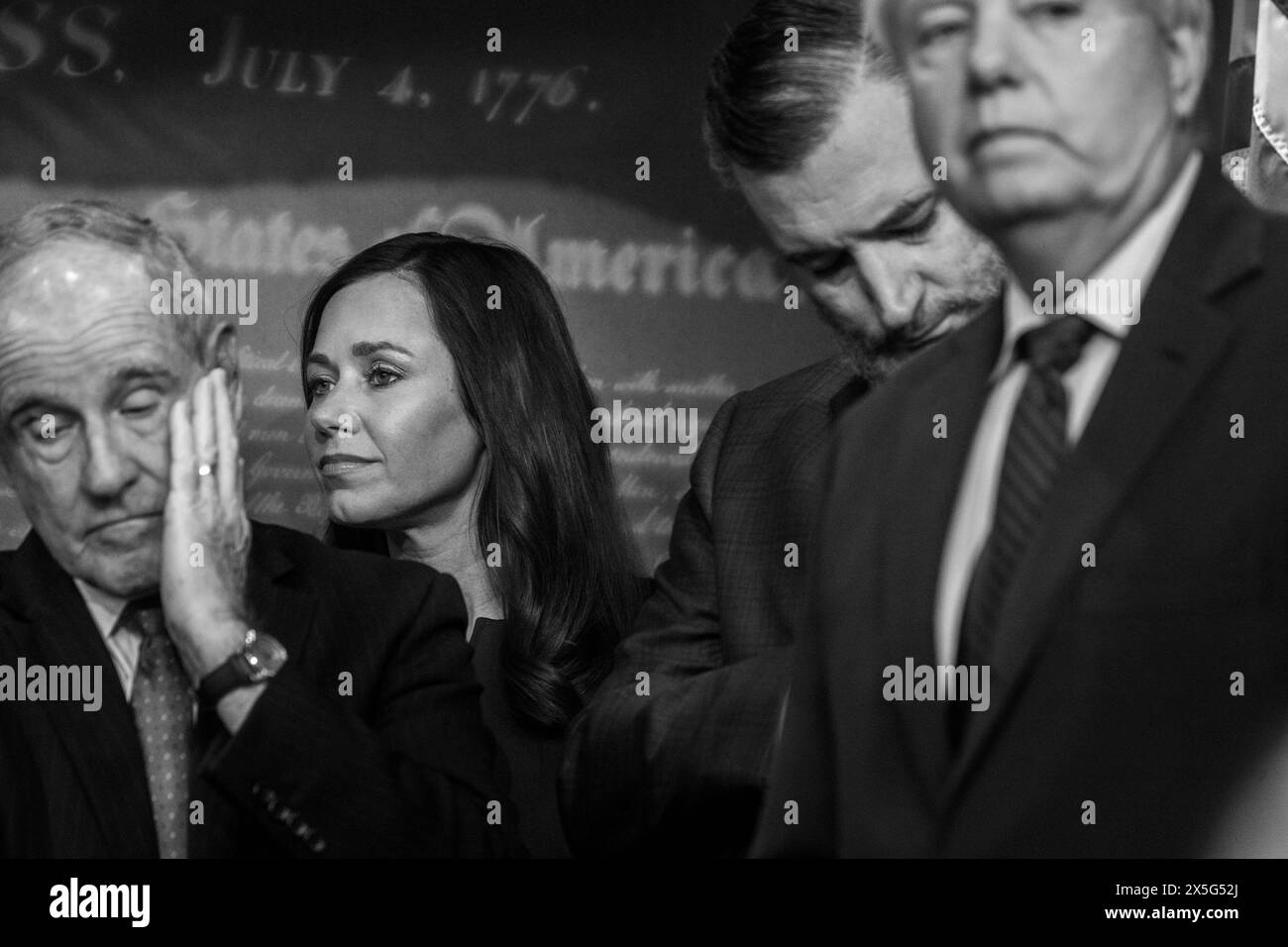 Washington, United States Of America. 09th May, 2024. United States Senator Jim Risch (Republican of Idaho), left, United States Senator Katie Britt (Republican of Alabama), second from left, United States Senator Ted Cruz (Republican of Texas), second from right, and United States Senator Lindsey Graham (Republican of South Carolina), right, attend a press conference on a resolution condemning restricting weapons for Israel by the Biden Administration, at the US Capitol in Washington, DC, Thursday, May 9, 2024. Credit: Rod Lamkey/CNP/Sipa USA Credit: Sipa USA/Alamy Live News Stock Photo