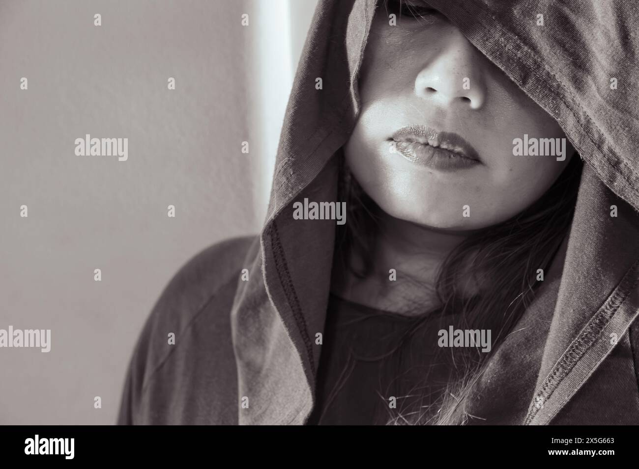 Portrait of a mysterious woman with her face partially concealed by a hood, captured in evocative monochrome, emphasizing texture and mood. Stock Photo
