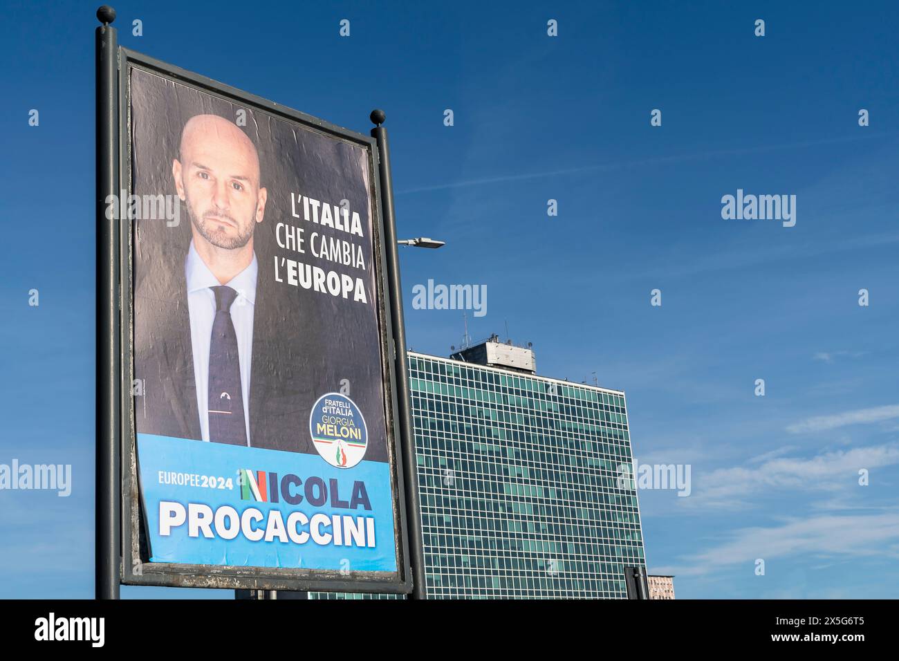 European elections 2024. Nicola Procaccini, member of the European Parliament, Fratelli d'Italia FdI (Brothers of Italy), right-wing populist political party in Italy. Italian candidate in an electoral poster. Rome, Italy, Europe, European Union, EU - Clear blue sky, copy space Stock Photo