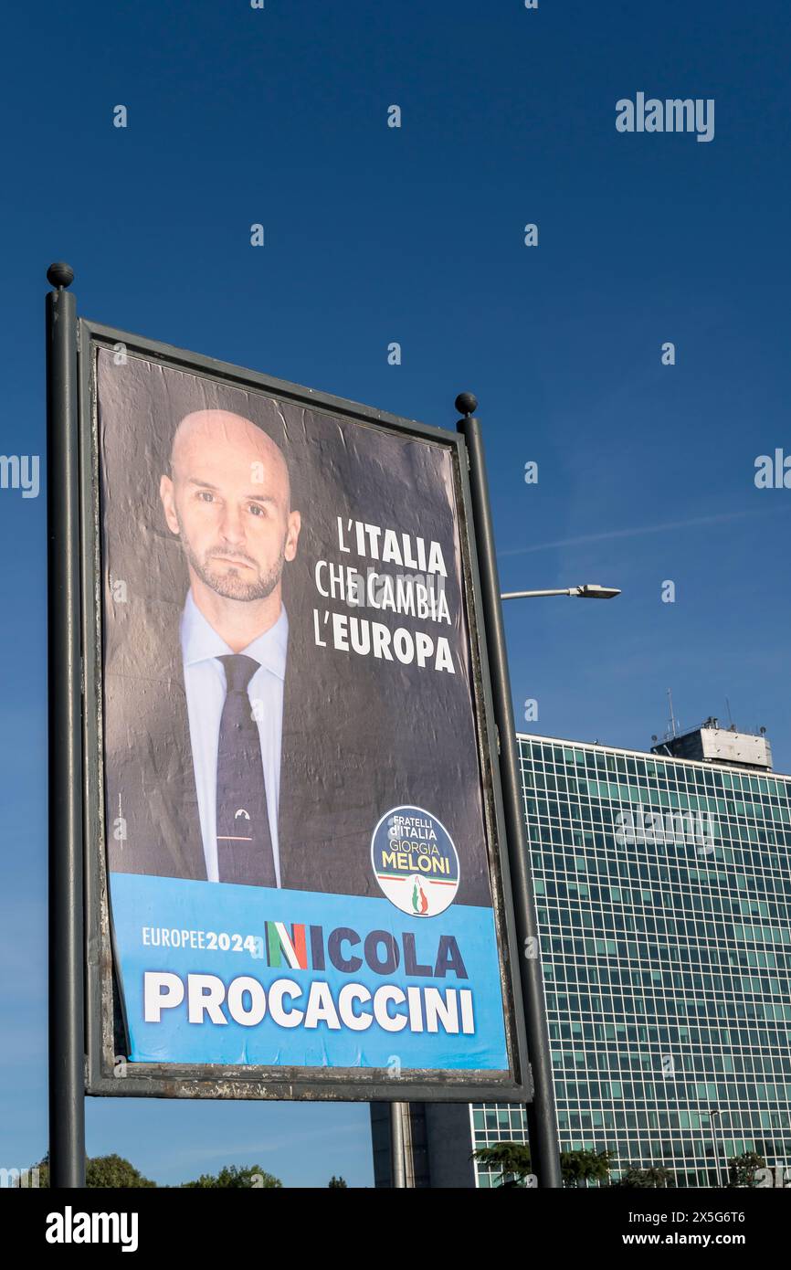 European elections 2024. Nicola Procaccini, member of the European Parliament, Fratelli d'Italia FdI (Brothers of Italy), right-wing populist political party in Italy. Italian candidate in an electoral poster. EUR, Rome, Italy, Europe, European Union, EU - Clear blue sky, copy space Stock Photo