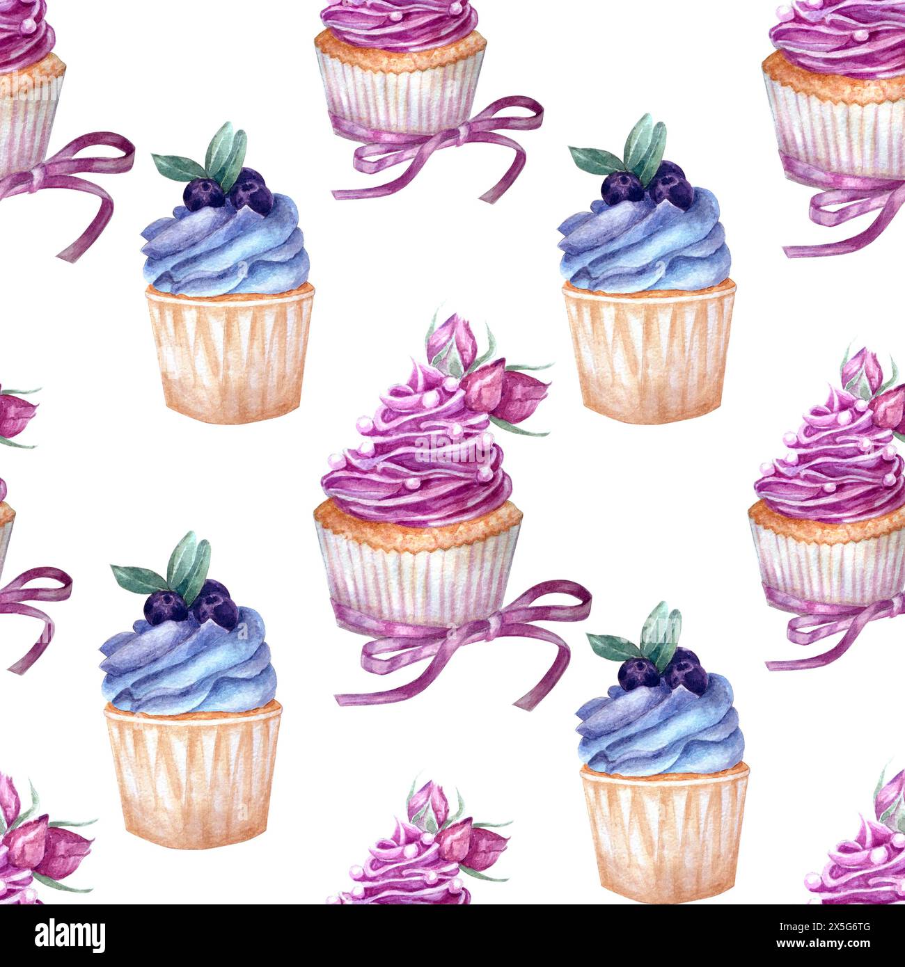 Watercolor seamless pattern with cupcakes. Hand drawn design ...