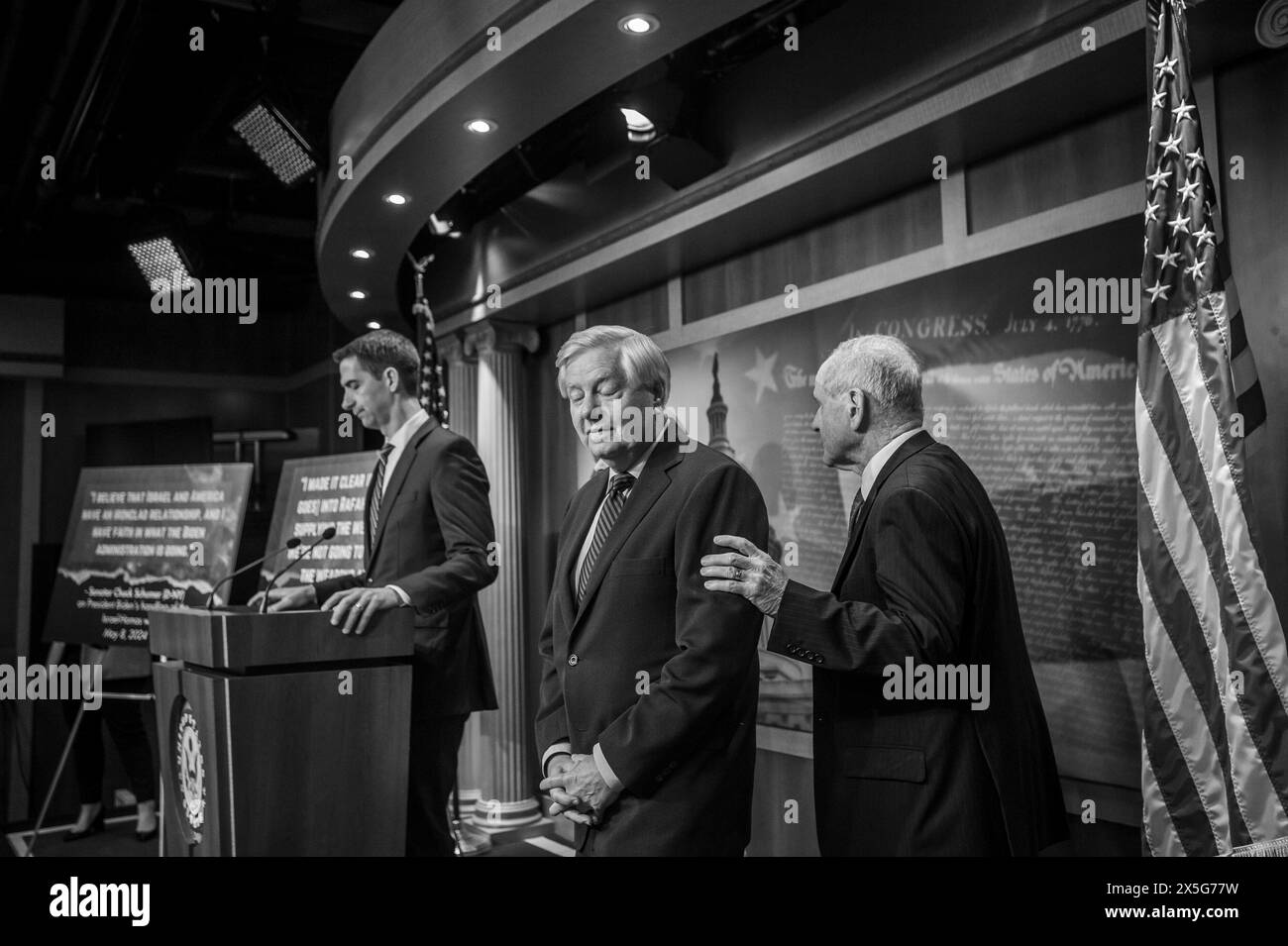 Washington, Vereinigte Staaten. 09th May, 2024. United States Senator Tom Cotton (Republican of Arkansas), left, United States Senator Lindsey Graham (Republican of South Carolina), center, and United States Senator Jim Risch (Republican of Idaho), right, arrive for a press conference on a resolution condemning restricting weapons for Israel by the Biden Administration, at the US Capitol in Washington, DC, Thursday, May 9, 2024. Credit: Rod Lamkey/CNP/dpa/Alamy Live News Stock Photo