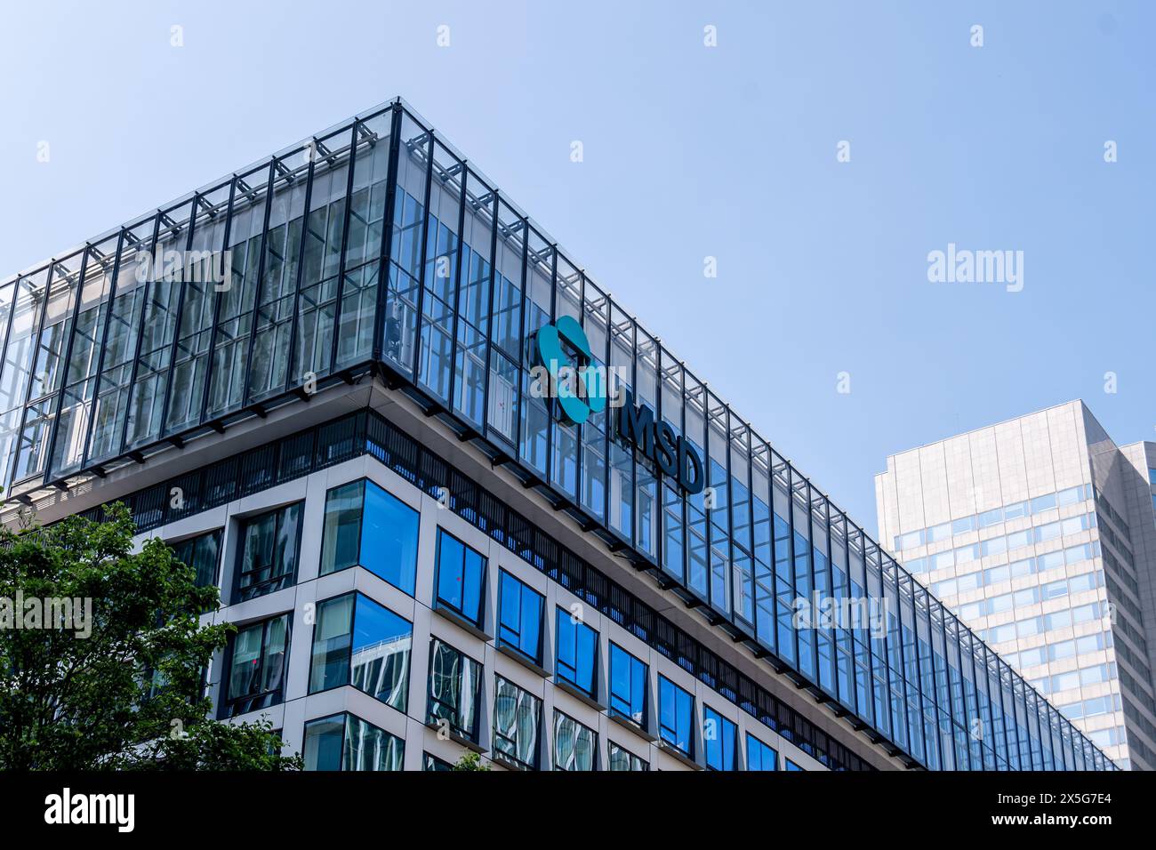 Facade of the headquarters of Merck Sharp and Dohme (MSD) France, French subsidiary of the American multinational pharmaceutical group Merck and Co. Stock Photo