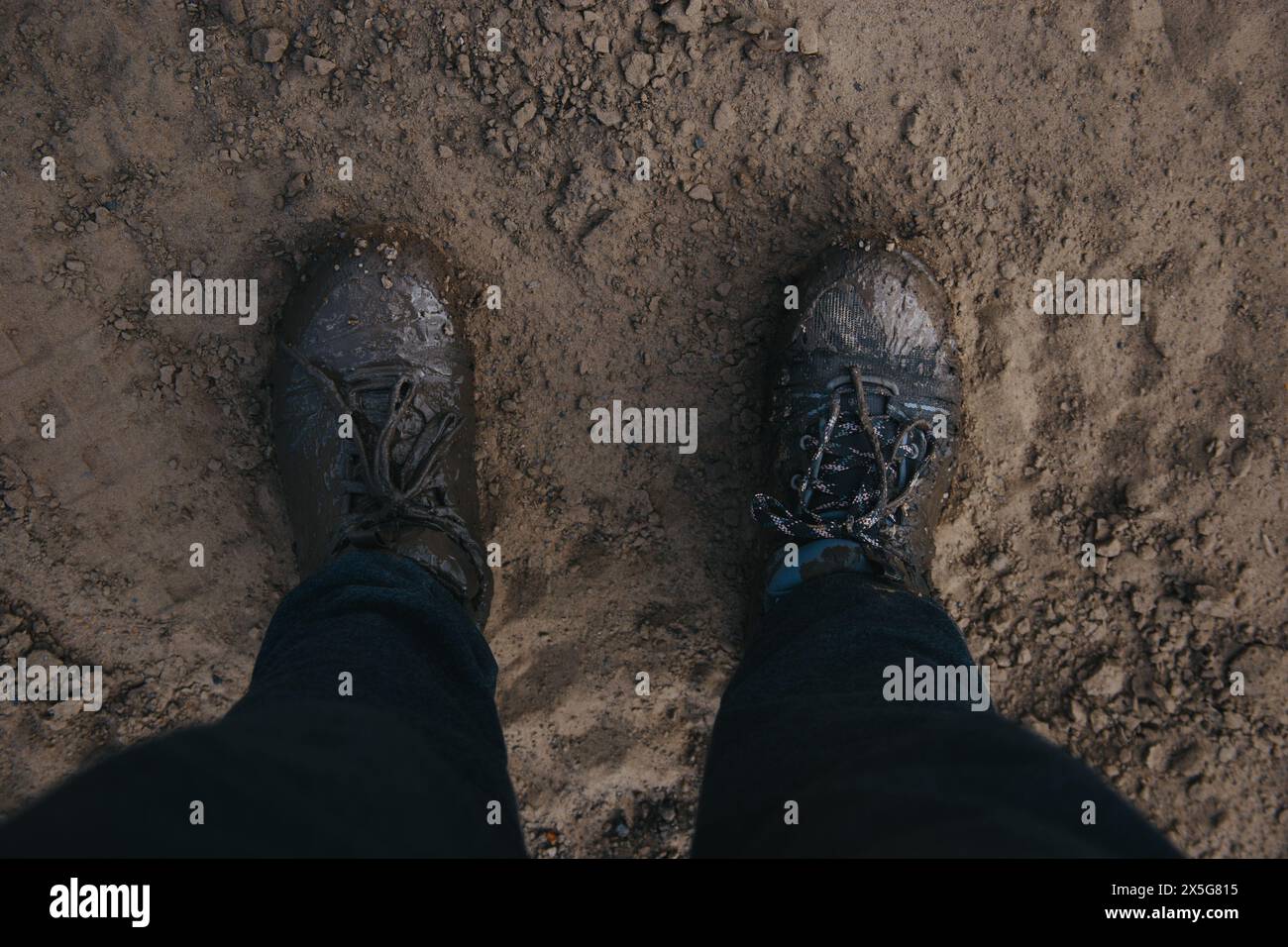 Dirty hiking shoes covered in mud after walking in flooded forest Stock ...