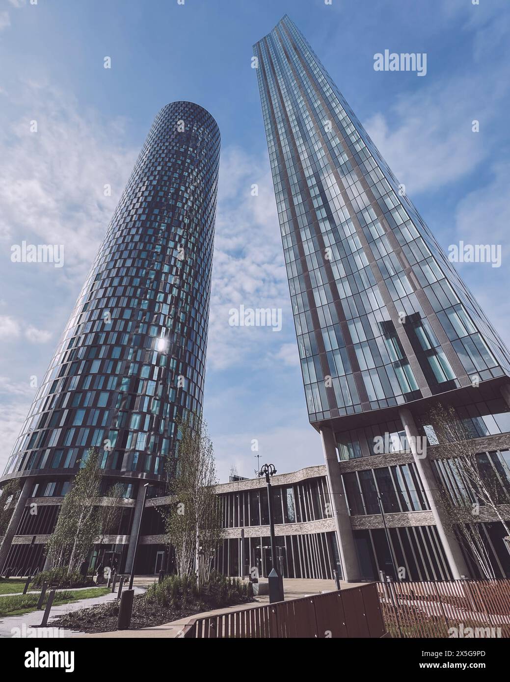 The Blade and C5 Tower/Three60 are skyscrapers at the end of Deansgate in New Jackson, Manchester. Stock Photo