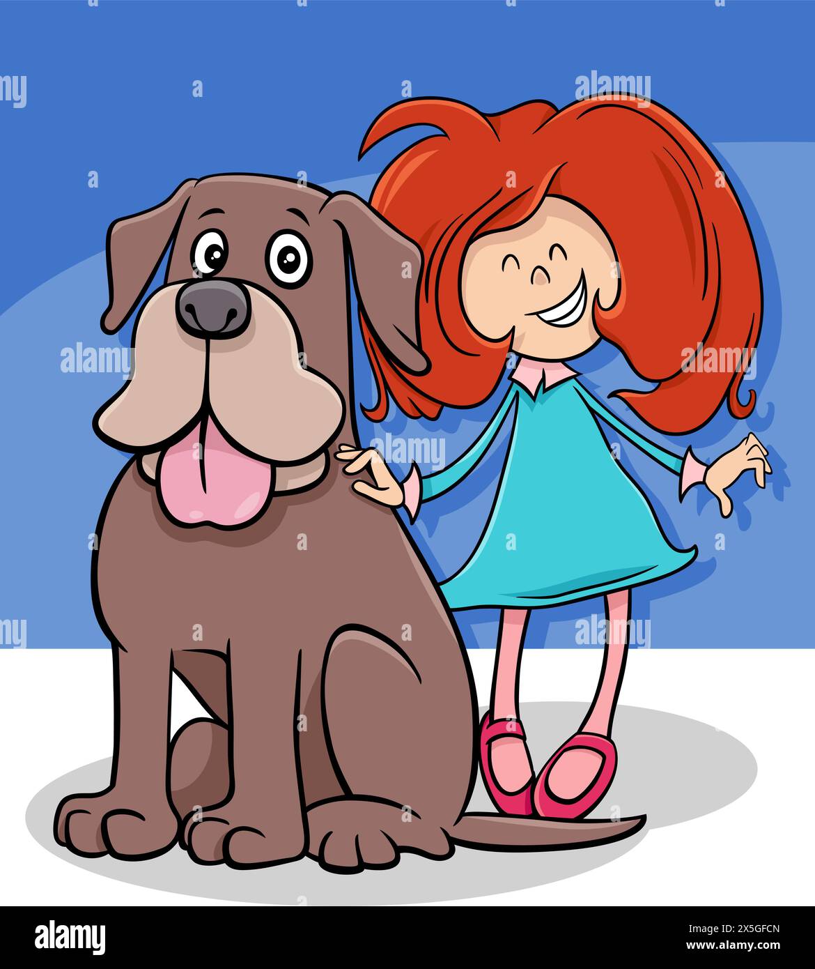 Cartoon illustration of little girl with funny big dog character Stock