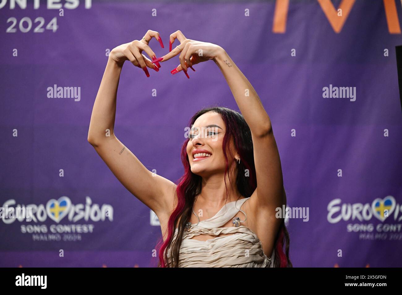 Eden Golan representing Israel during a press meeting with the entries that advanced to the final after the second semi-final of the 68th edition of the Eurovision Song Contest (ESC) at the Malmö Arena, in Malmö, Sweden, Thursday, May 09, 2024.Photo: Jessica Gow / TT / Code 10070 Stock Photo