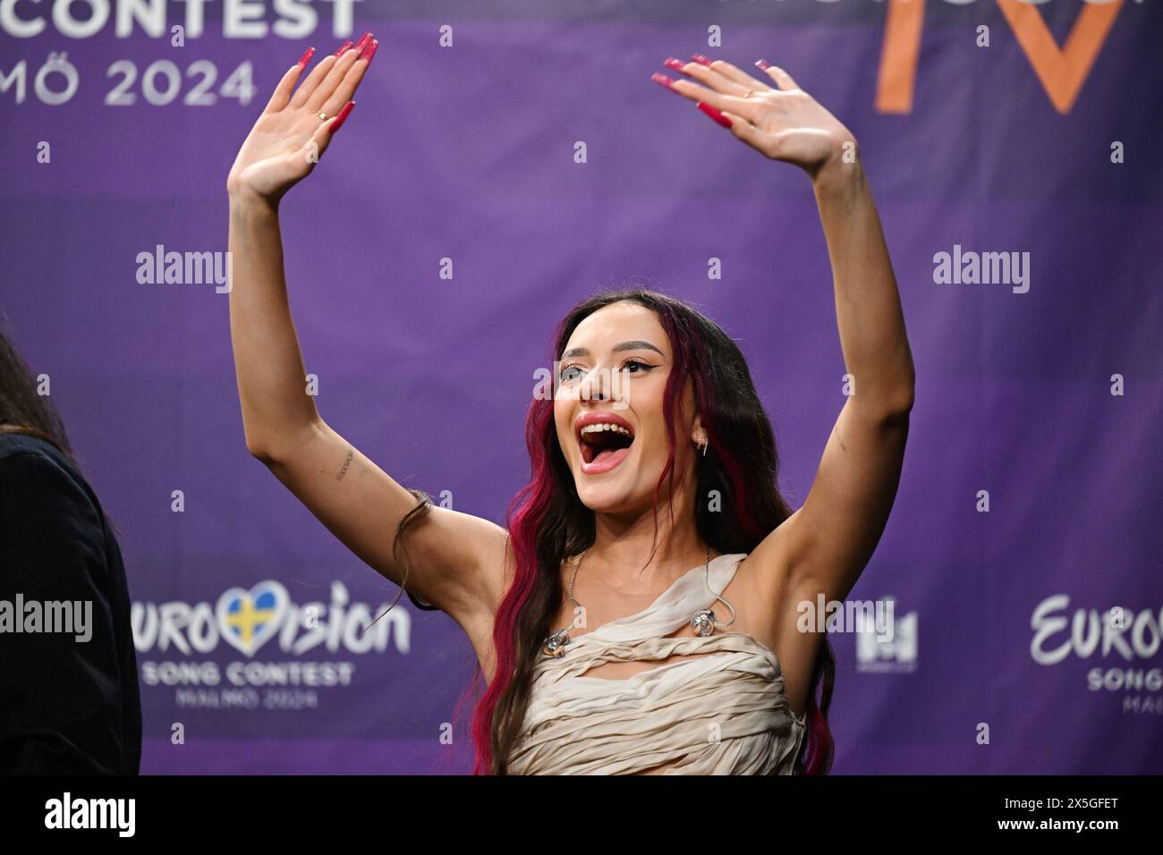 Eden Golan representing Israel during a press meeting with the entries that advanced to the final after the second semi-final of the 68th edition of the Eurovision Song Contest (ESC) at the Malmö Arena, in Malmö, Sweden, Thursday, May 09, 2024.Photo: Jessica Gow / TT / Code 10070 Stock Photo