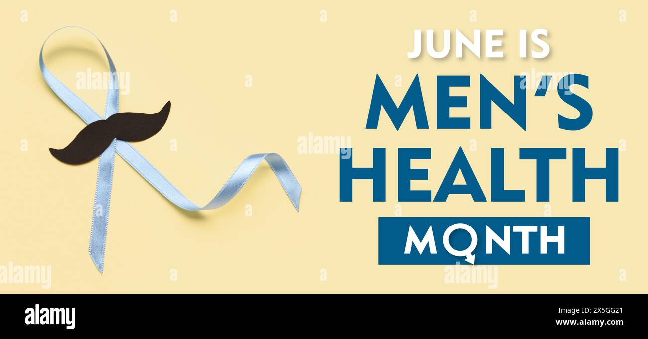 Banner for Men's Health Month with awareness ribbon with paper mustache ...