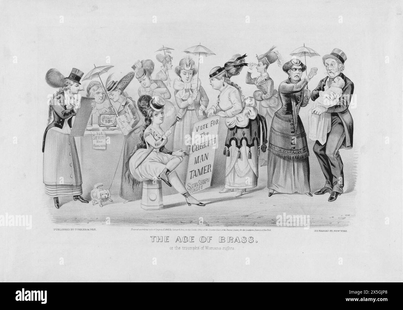 'The Age of Brass' 1869 American poster on the subject of women's right to vote (1869 was the year in which women were granted the right to vote in Wyoming). Stock Photo