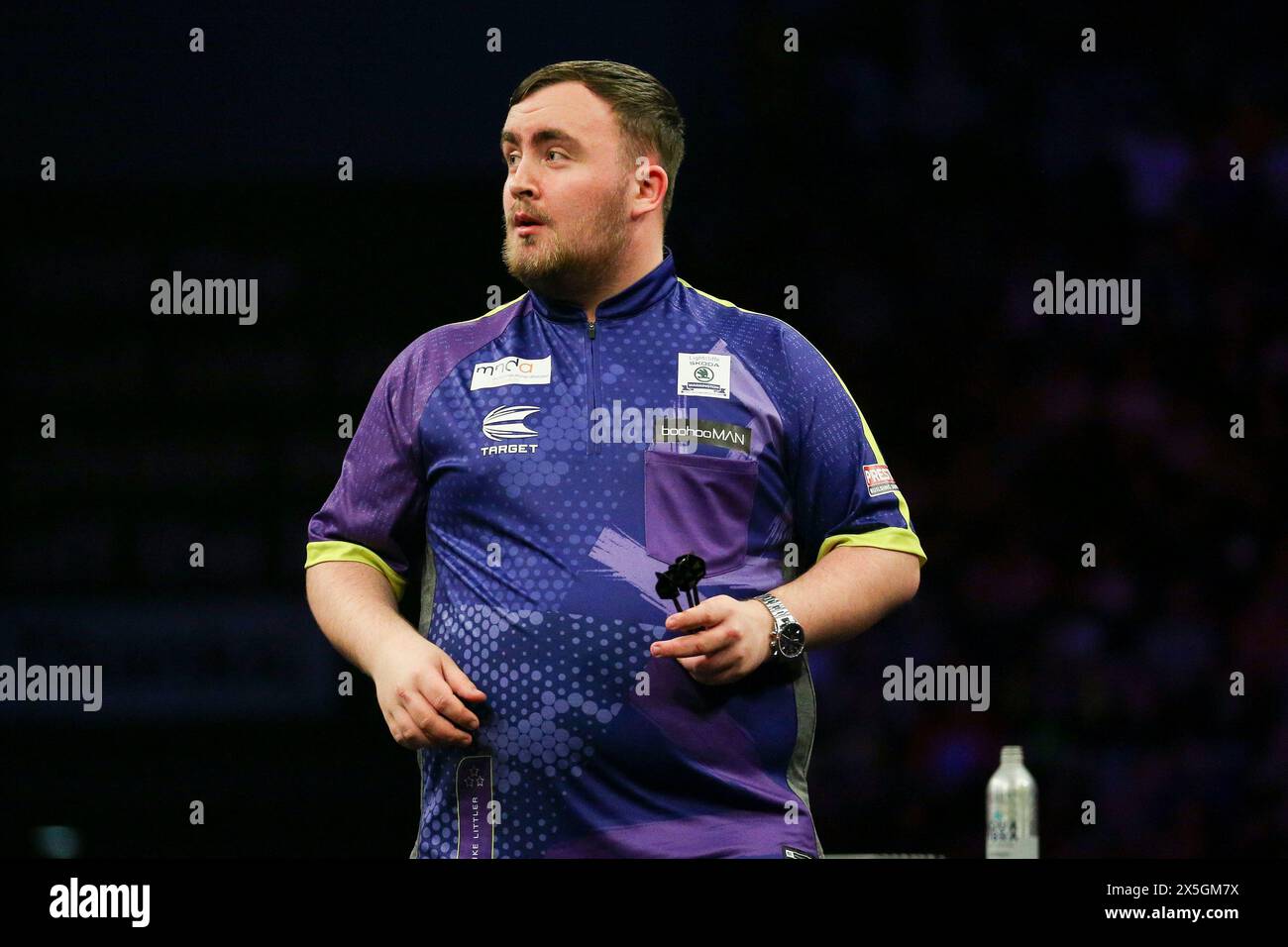 Leeds, UK. 09th May, 2024. Luke Littler reacts surprised during the