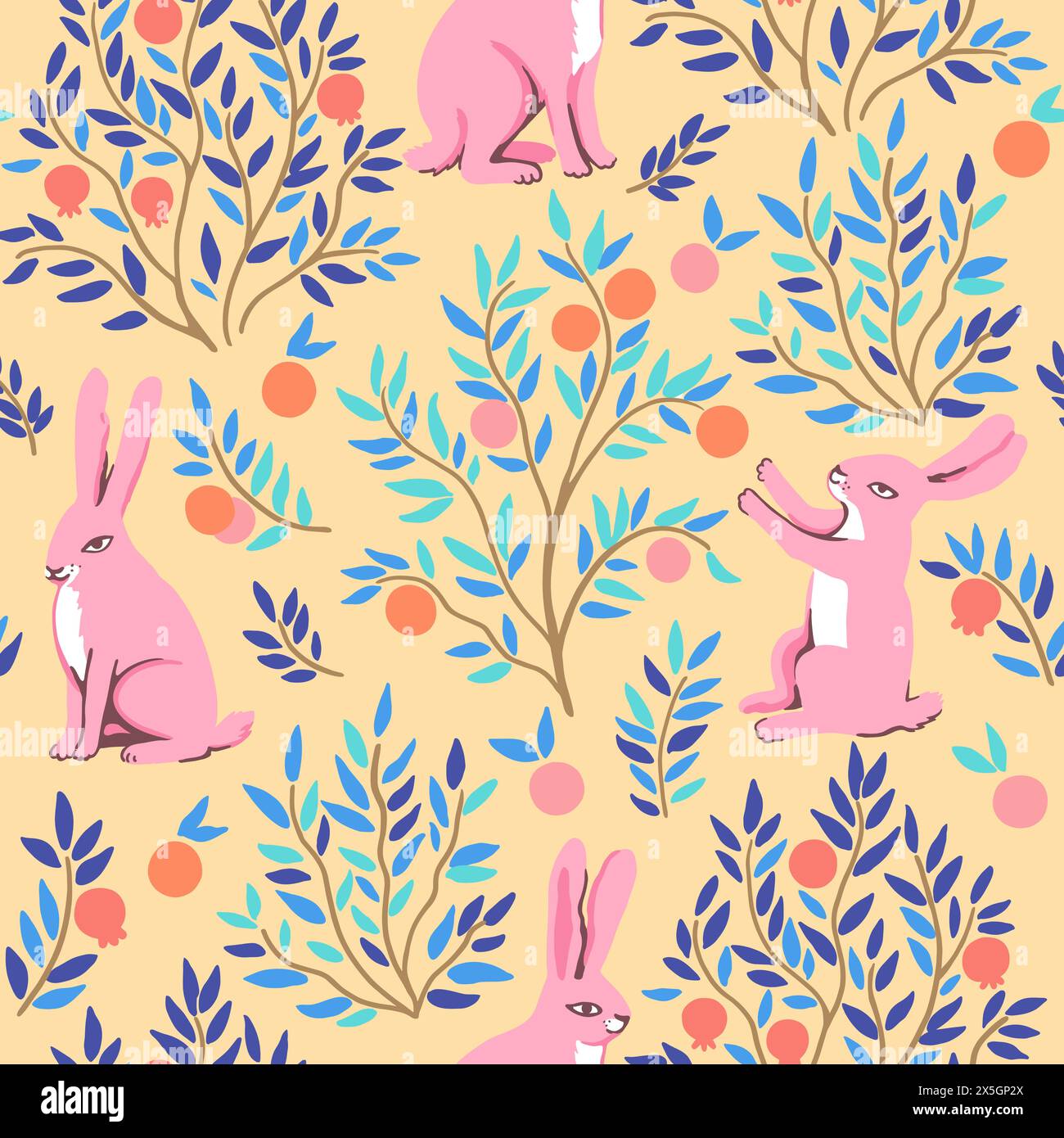 Funny seamless pattern with pink rabbits in orange and pomegranate ...