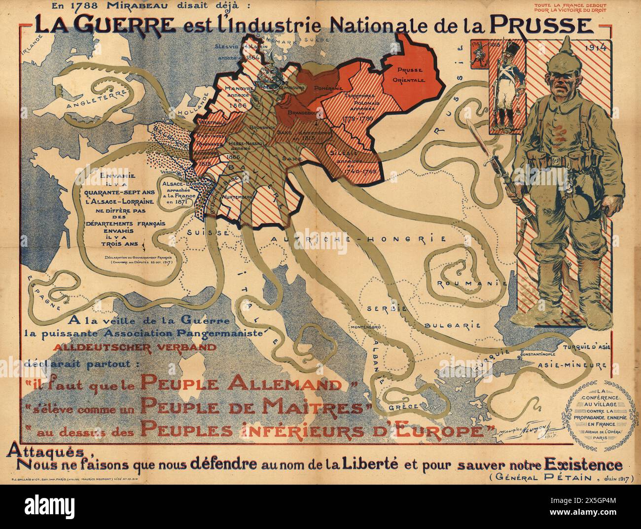 Vintage French WWI Poster Map:  'War is the national industry of Prussia. 'Attacked, we are fighting back in the name of liberty.'.  World war One French propaganda poster by Maurice Neumont, with German Empire of Prussia  depicted as an octopus whose tentacles are reaching into Europe Stock Photo