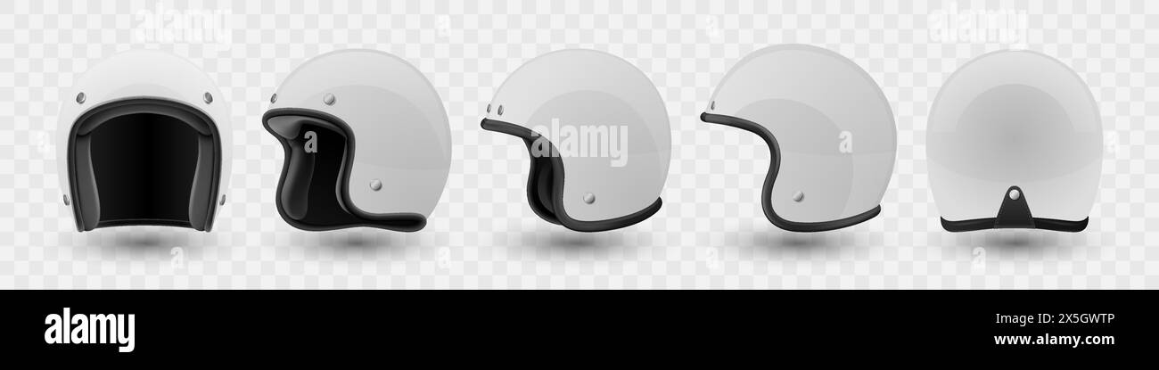 Vector 3d Realistic Blank White Glossy Classic Vintage Open-Face Motorbike Helmet Design Template for Mockup. Front, Side and Back View. Motorcycle Stock Vector