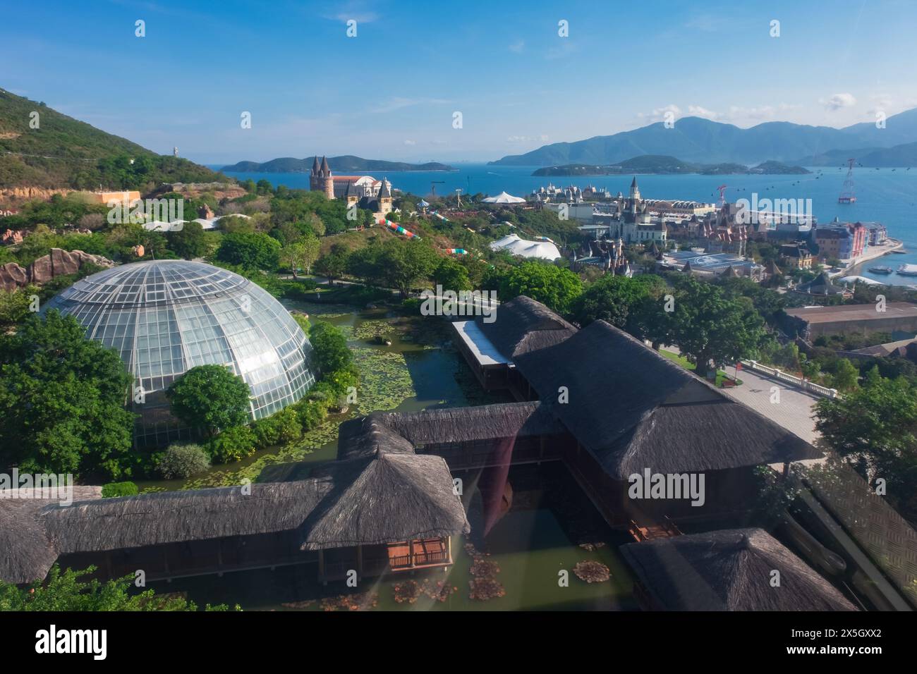 View from Ferris wheel of Nha Trang, Vinpearl Island. Resort Island with a Water Park, Amusement Park located in Vietnam. tourist attraction. landscap Stock Photo