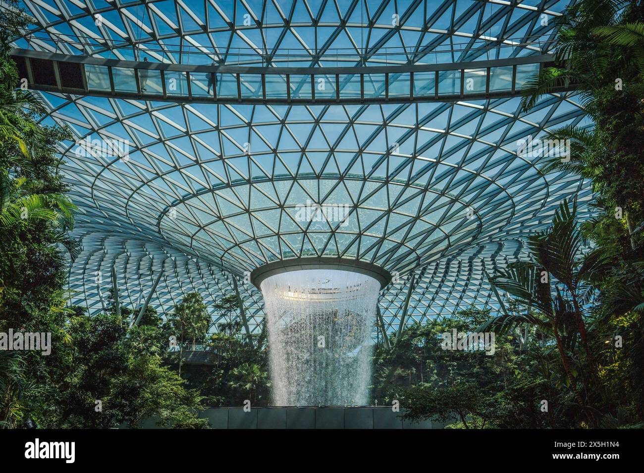 This image features a stunning indoor waterfall surrounded by lush tropical plants inside a large glass dome, showcasing architectural innovation and Stock Photo