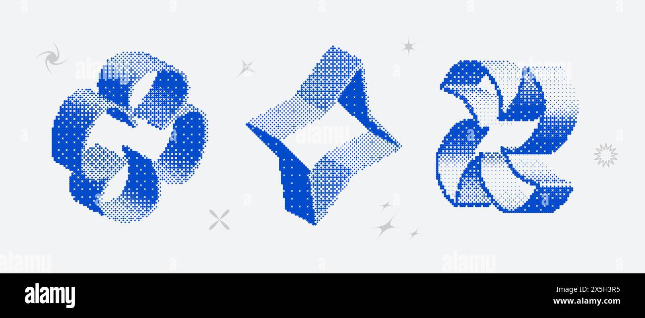 Bitmap textured shape set. Dither halftone objects collection. Blue 3d flower, star, rhombus elements for banner, poster, leaflet. Abstract pixelated raster effect bundle. Vector pack Stock Vector