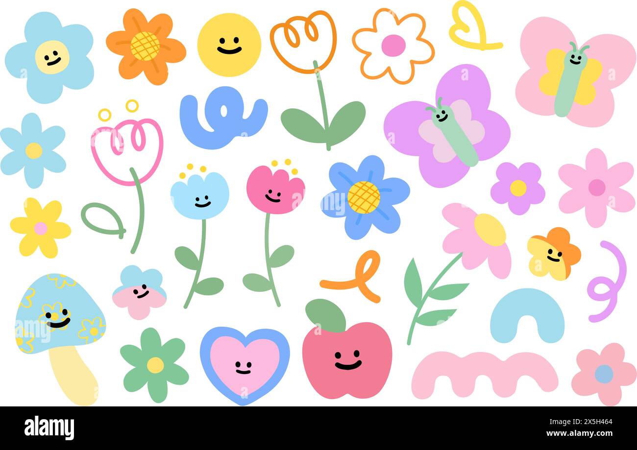 Pastel blossom illustrations such as flowers, butterfly, mushroom ...