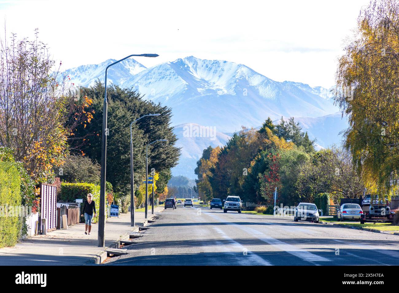 Autumn view, Forest Drive, Methven, Canterbury, South Island, New Zealand Stock Photo