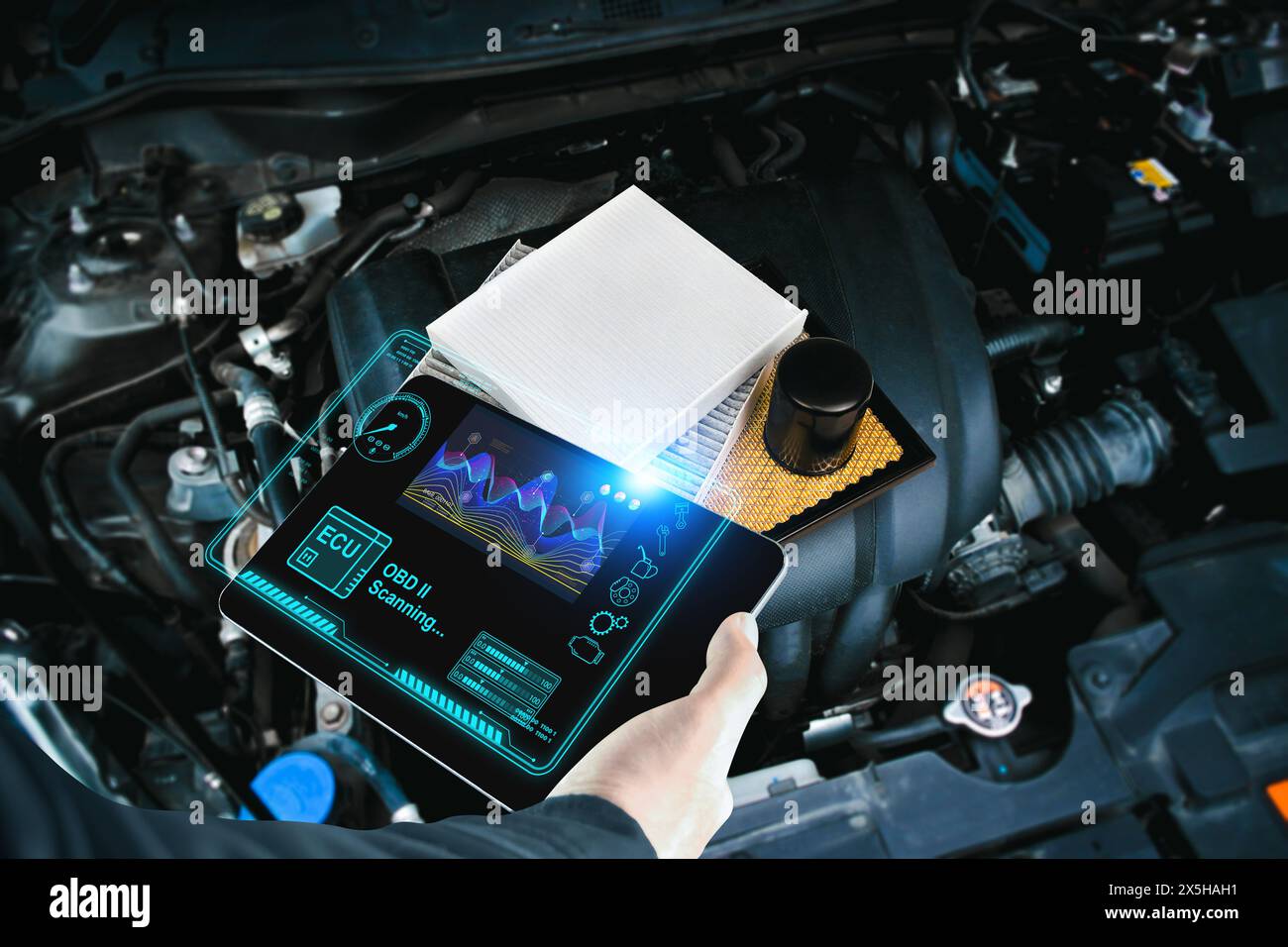 Car mechanic checking ECU electronic control unit with OBD or OBD2 ...