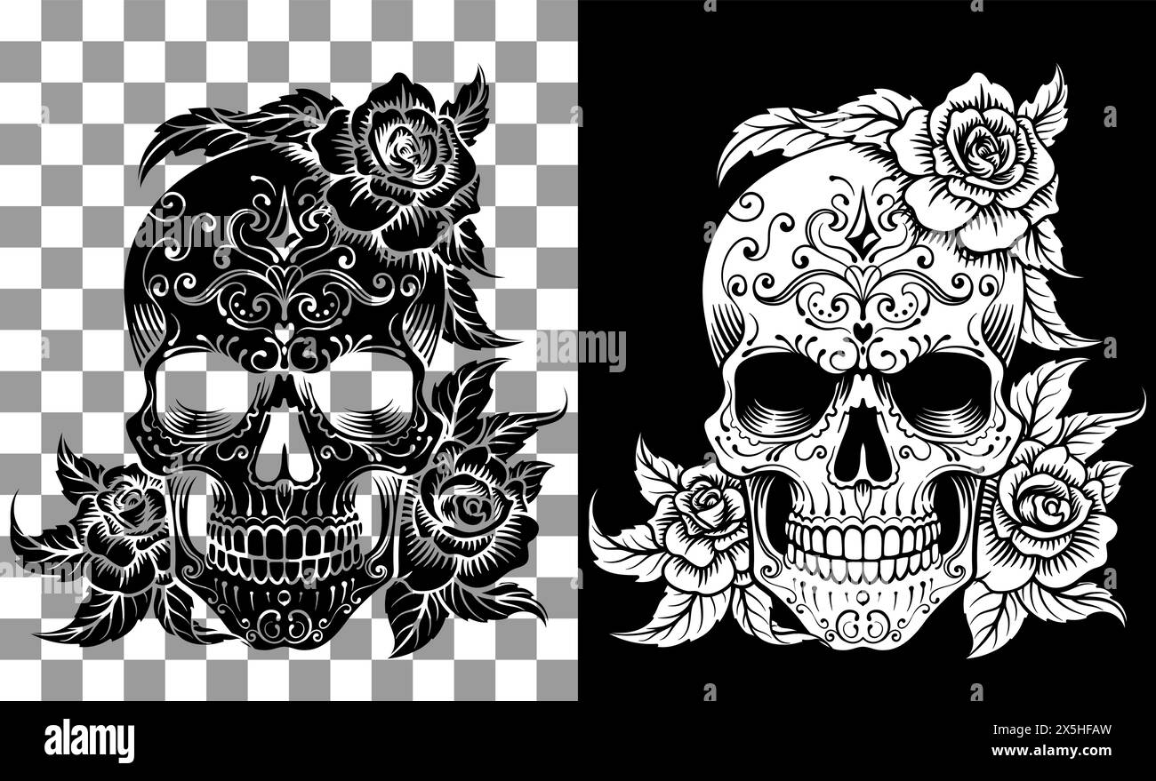 Skull Roses Abstract Pattern Tattoo Design Stock Vector