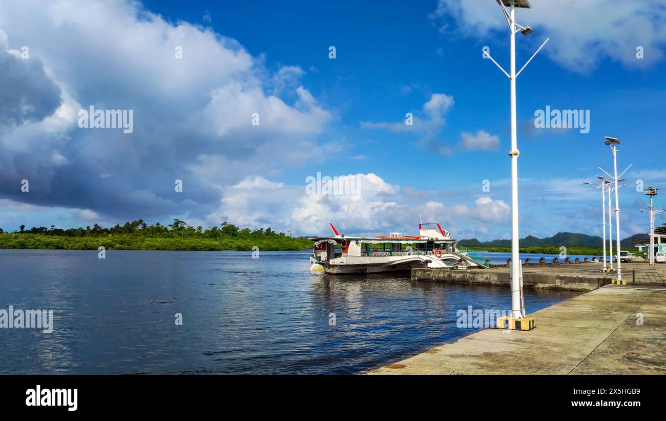 Tourist boat docked in one of Siargao Tourism ports ready to take local and foreign tourists in Siargao’s different beautiful destinations. Stock Photo
