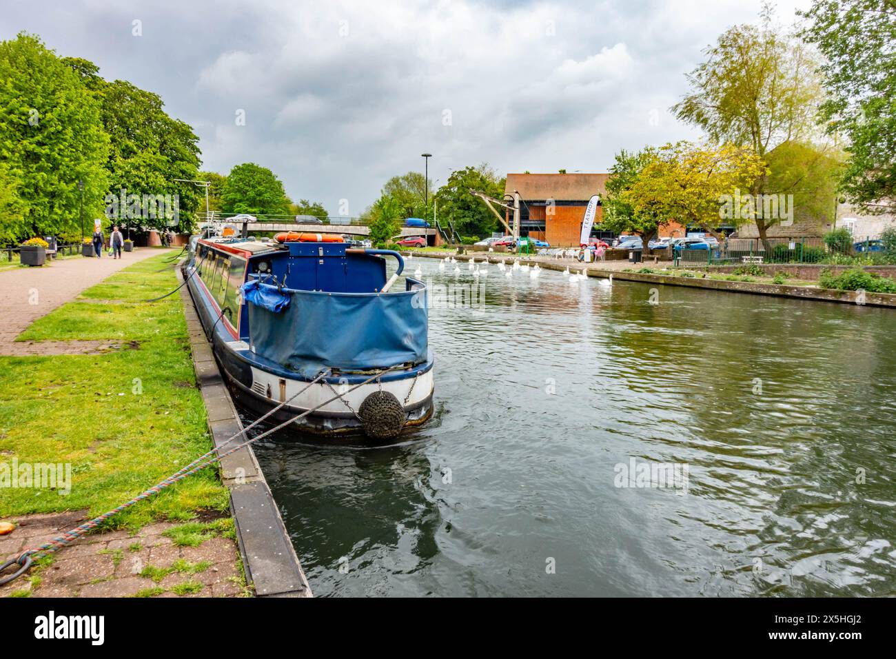 A narrowboat moored at the side of The River Kennet n Newbury, Berkshire, UK Stock Photo