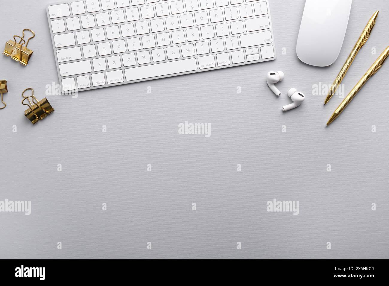 Flat lay composition with different office stationery on light grey ...