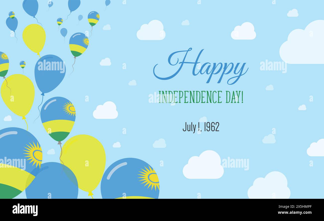 Rwanda Independence Day Sparkling Patriotic Poster. Row of Balloons in Colors of the Rwandan Flag. Greeting Card with National Flags, Blue Skyes and C Stock Vector